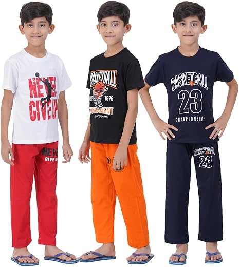 T2F Boys Cotton Printed T-Shirt and Pant Clothing Set (Pack of 3)