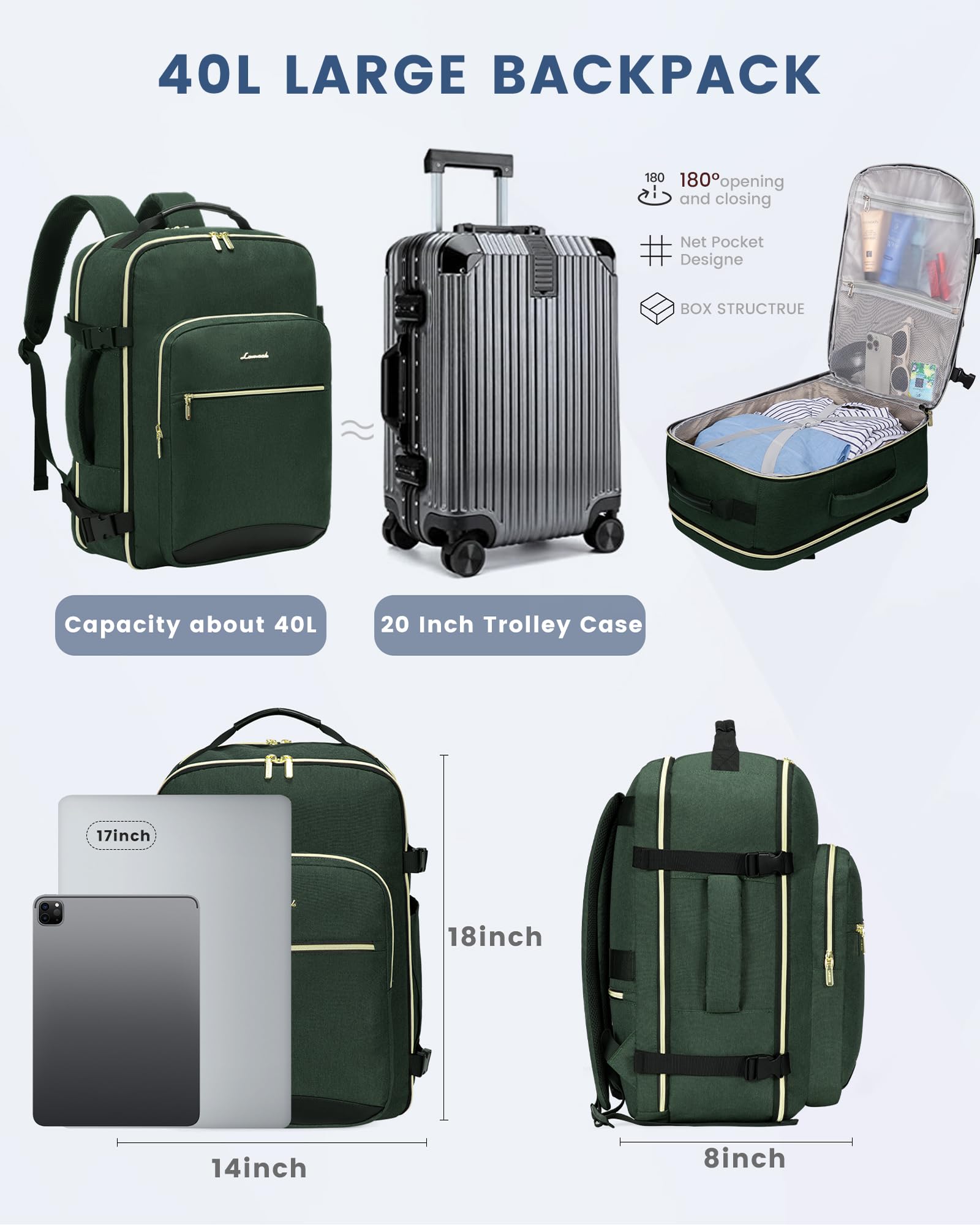 LOVEVOOK Zaino da Viaggio Aereo Bagaglio a Mano, Impermeabile Zaini Trolley Bagaglio Donna 40L Cabin Max per Ryanair Easyjet, Grande Zaino Porta PC 17 Pollici Valigia Borsa a Zainetto