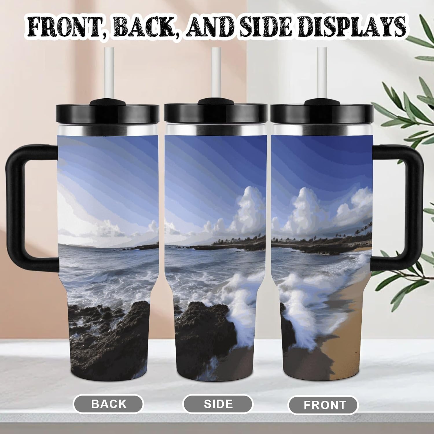 Puerto Rico - Beach Tumbler with Lid 40 Oz Double Wall Vacuum Cup Insulated Tumbler with Handle Leak Proof Travel Mug Stainless Steel Water Bottle - Fits Car Cup Holder