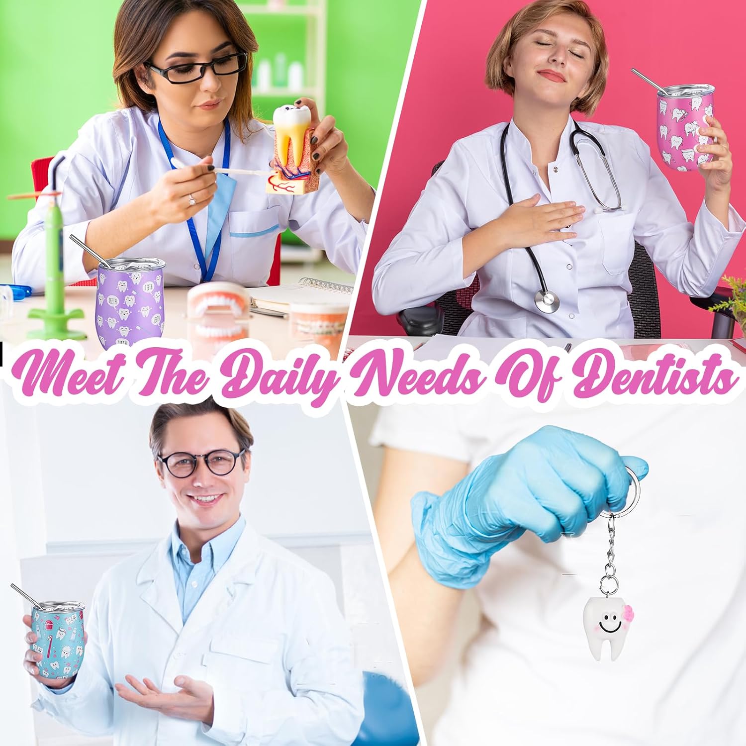 Yoiemivy 4 Sets Dental Assistant Gifts, Dental Hygienist Gifts Bulk 12 oz Teeth Stainless Steel Insulated Tumblers with Straws Lids and Tooth Keychains, Gift Ideas for Nurse Graduation - Image 7