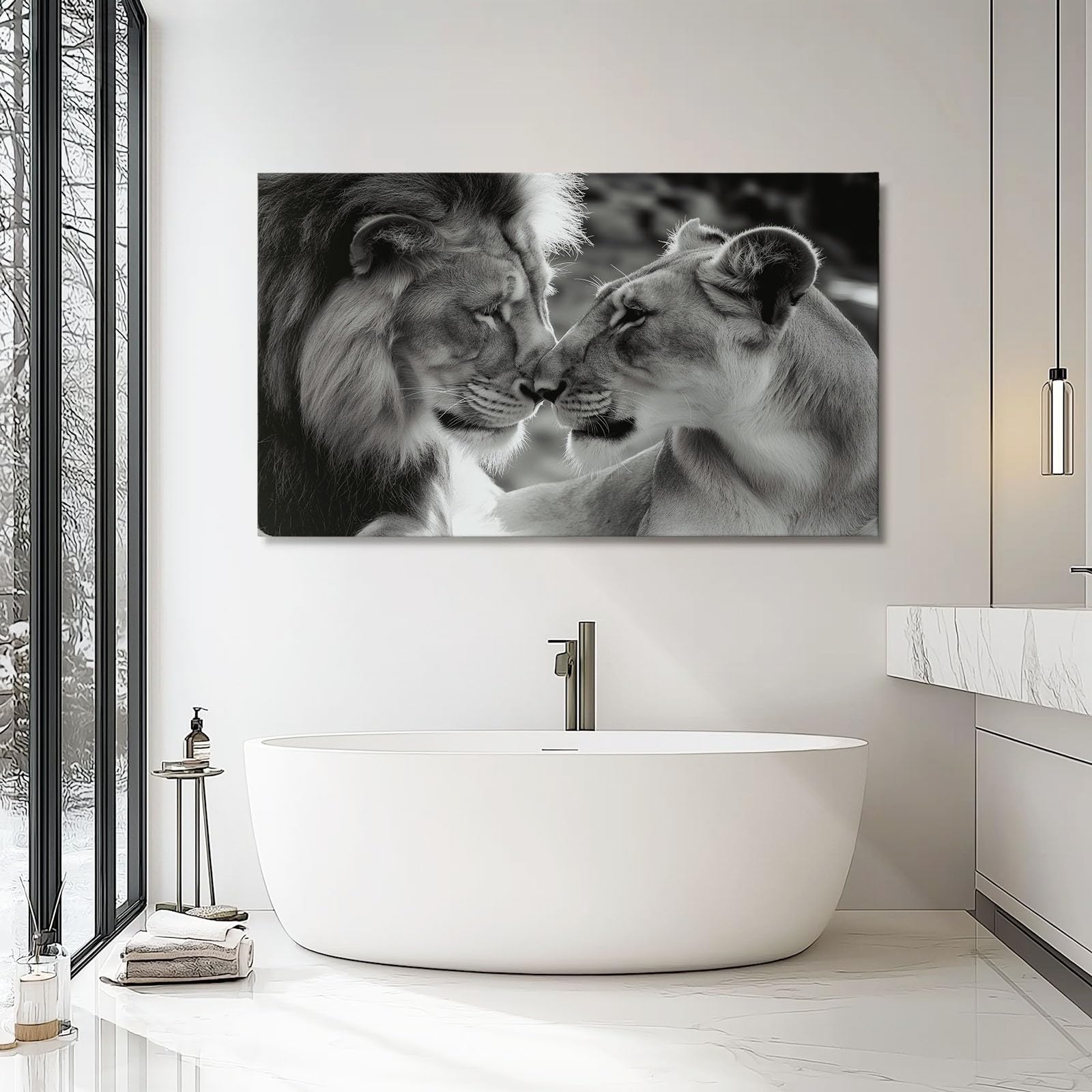 Cuadros de lienzo Animales Leones Enamorados patrón, Lienzos 150 x 50 cm (Sin marco) decorativos para salón dormitorio Cocina Pared, Cuadros de lienzo Gris fondo