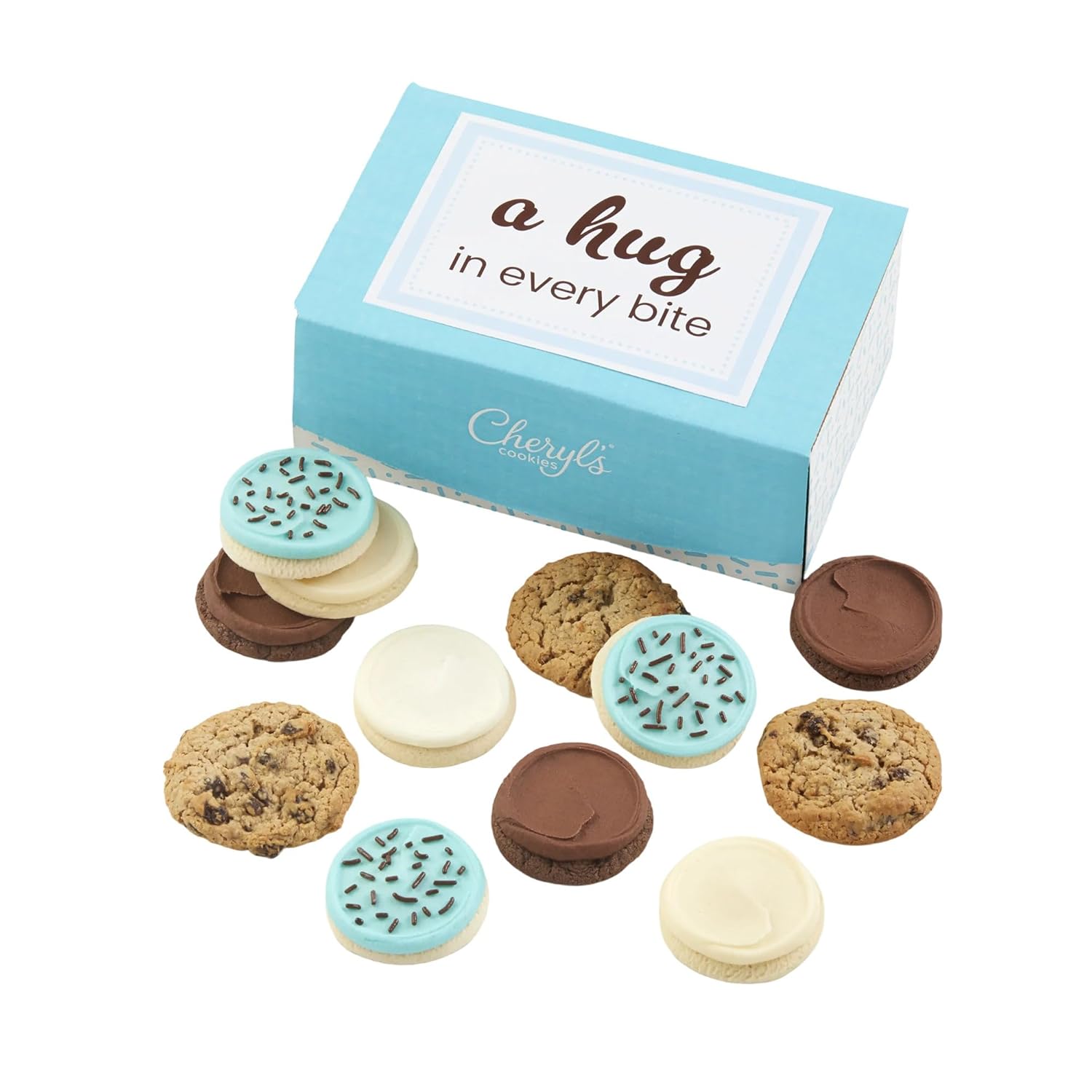 Cheryl's Cookies® Hug in Every Bite Cookie Box, with 12 Buttercream-Frosted Sugar and Oatmeal Raisin Cookies, Individually Wrapped, for Any Occasion, Loved Ones, Family, Friends, Coworkers