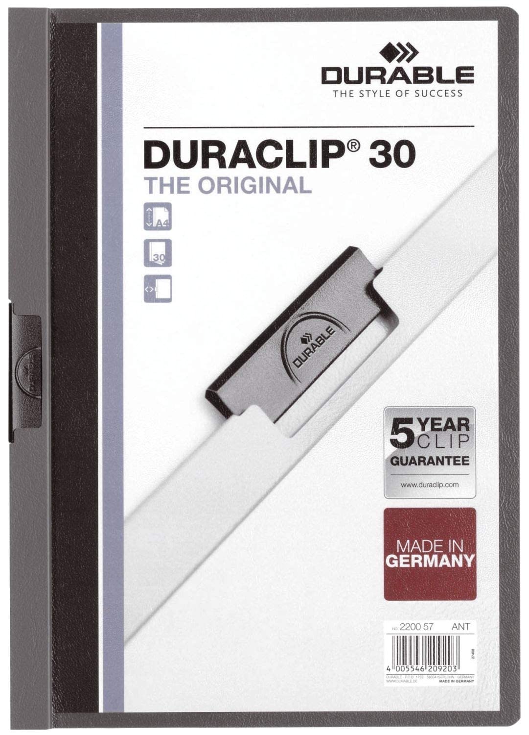 DURACLIP 30 A4 Clip Folder, Anthracite Grey, Single Cover - Image 2