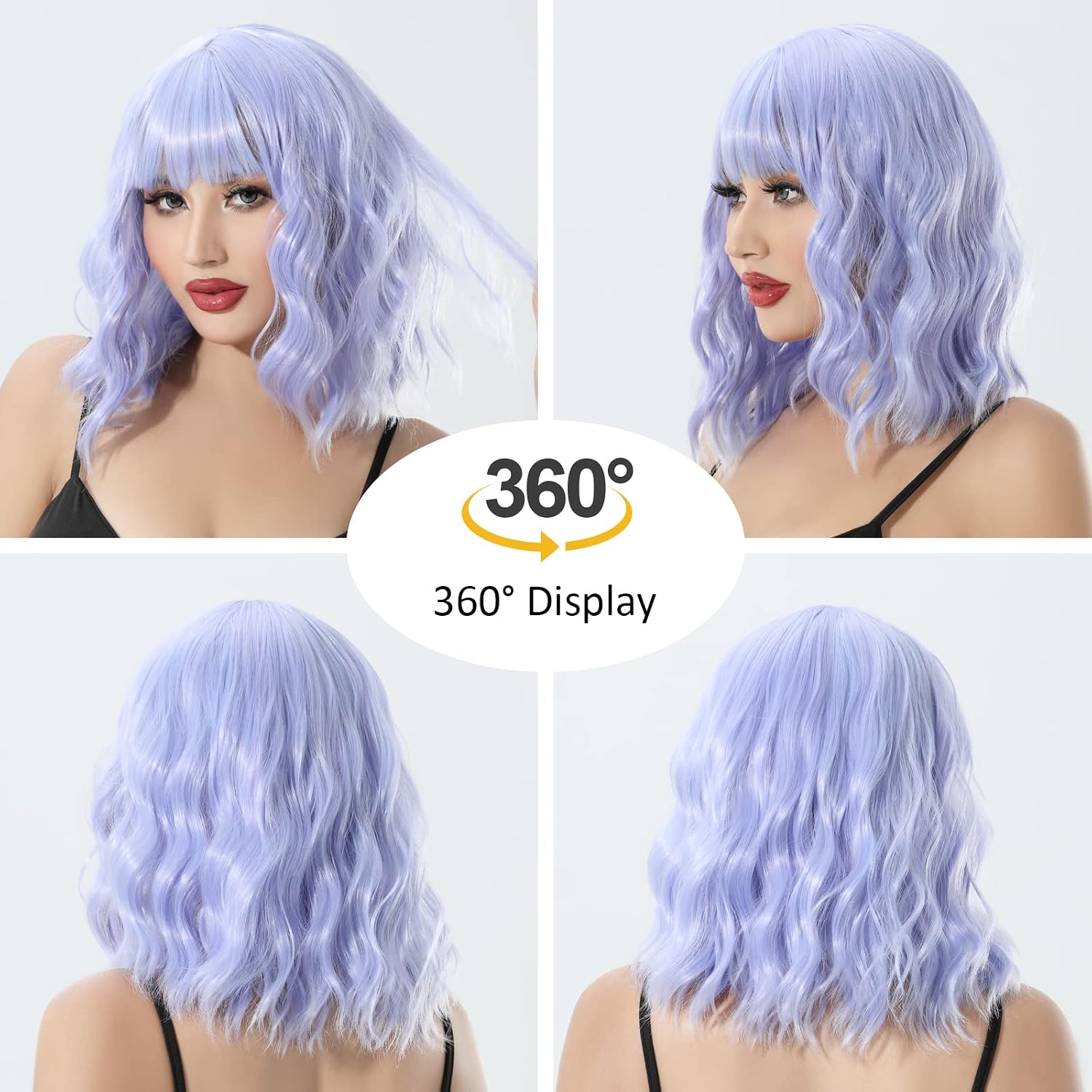 Anzid Light Blue Wig with Bangs, 14" Cosplay Blue Wig Human Hair Synthetic Shoulder Length Glueless, Wavy Curly Bob Light Blue Wigs Natural Looking Heat Resistant Human for Girl Daily Party Use