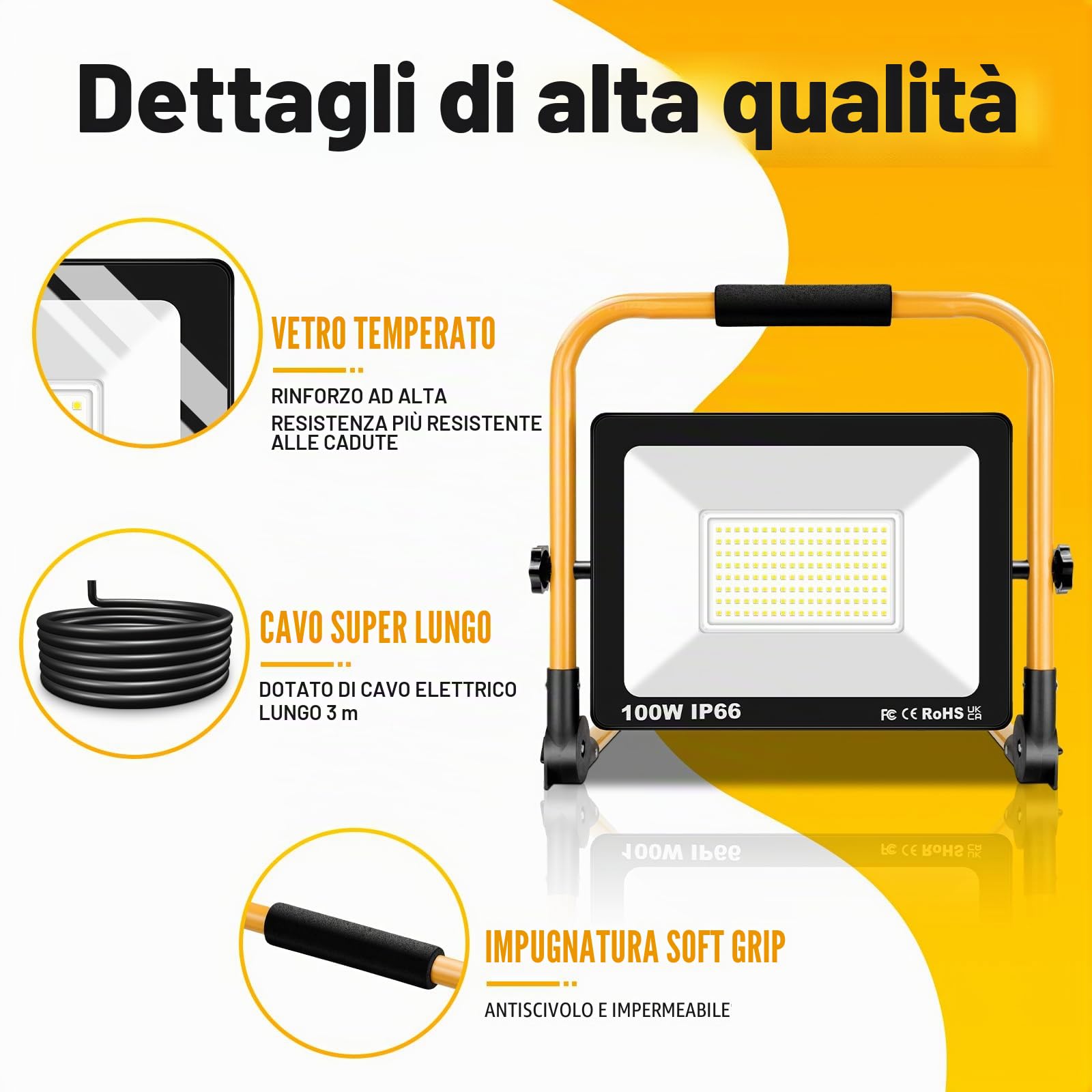 SKYWORLD Faro da Cantiere, 100W 10000LM Faretto Led Interno Portatile | Proiettore Led con Staffa Pieghevole, 3M Cavo e EU Spina per Cantiere Officina Garage Industriale Giardino, 6000K Bianco