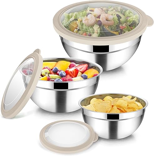 Juego de cuencos para mezclar TeamFar con tapas, 4.531.5 QT, cuencos para ensalada anidados de acero inoxidable con tapas herméticas, para