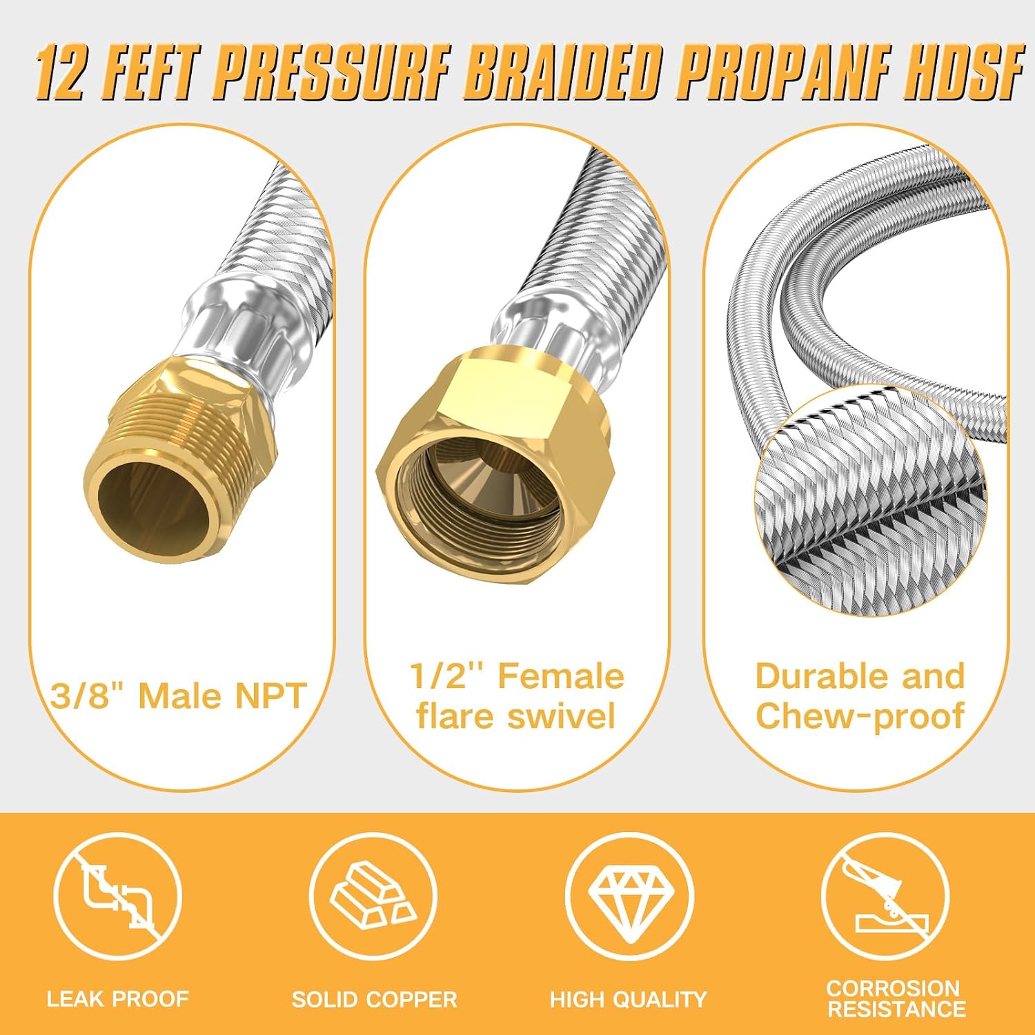 MEFUN 12 Feet Stainless Steel Braided Propane Hose Assembly, 3/8-inch MNPT X 1/2-inch Female Flare, 12 FT propane supply hose assembly for RVs and Travel Trailers Campers, Grills, Water heater