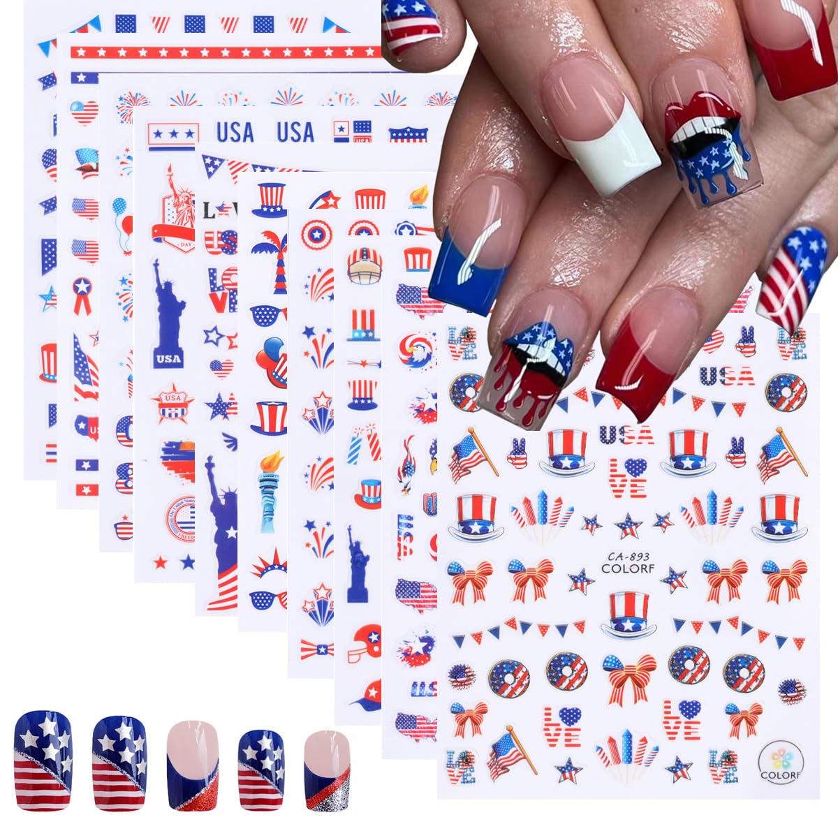 10Pcs 4th of July Nail Art Stickers Patriotic Nail Decals 3D Self Adhesive Independence Day American Flag Stars Eagle Fireworks Heart Nail Design Supplies Memorial Day Nail Decoration for Women Girls