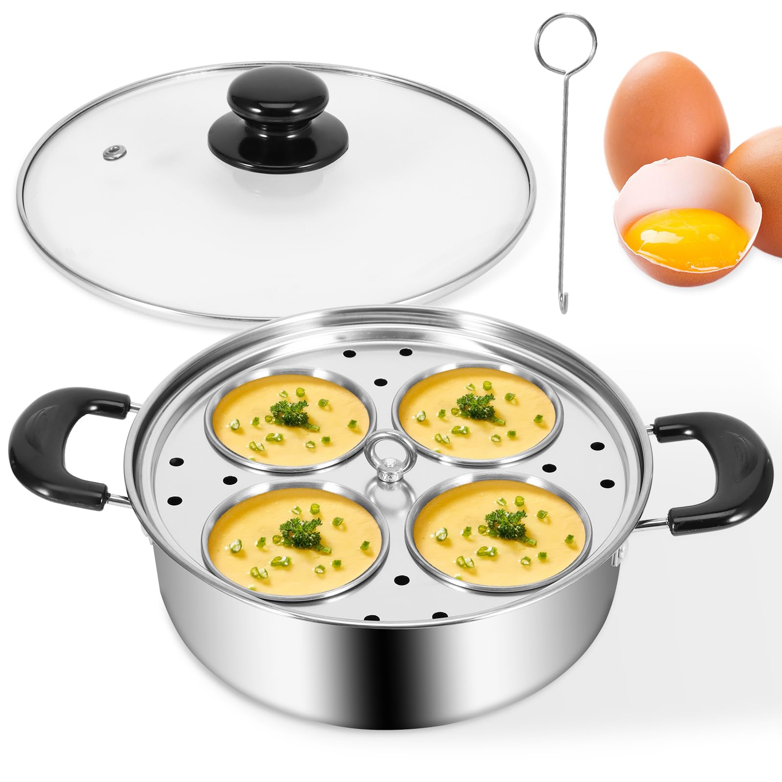 Egg Poacher, 4 Cups Egg Poacher Pan Stainless Steel Egg Poaching Steamer Pan Non Stick Cookware Set for Breakfast Brunch Cooking, Induction Cooktop, Stove Use
