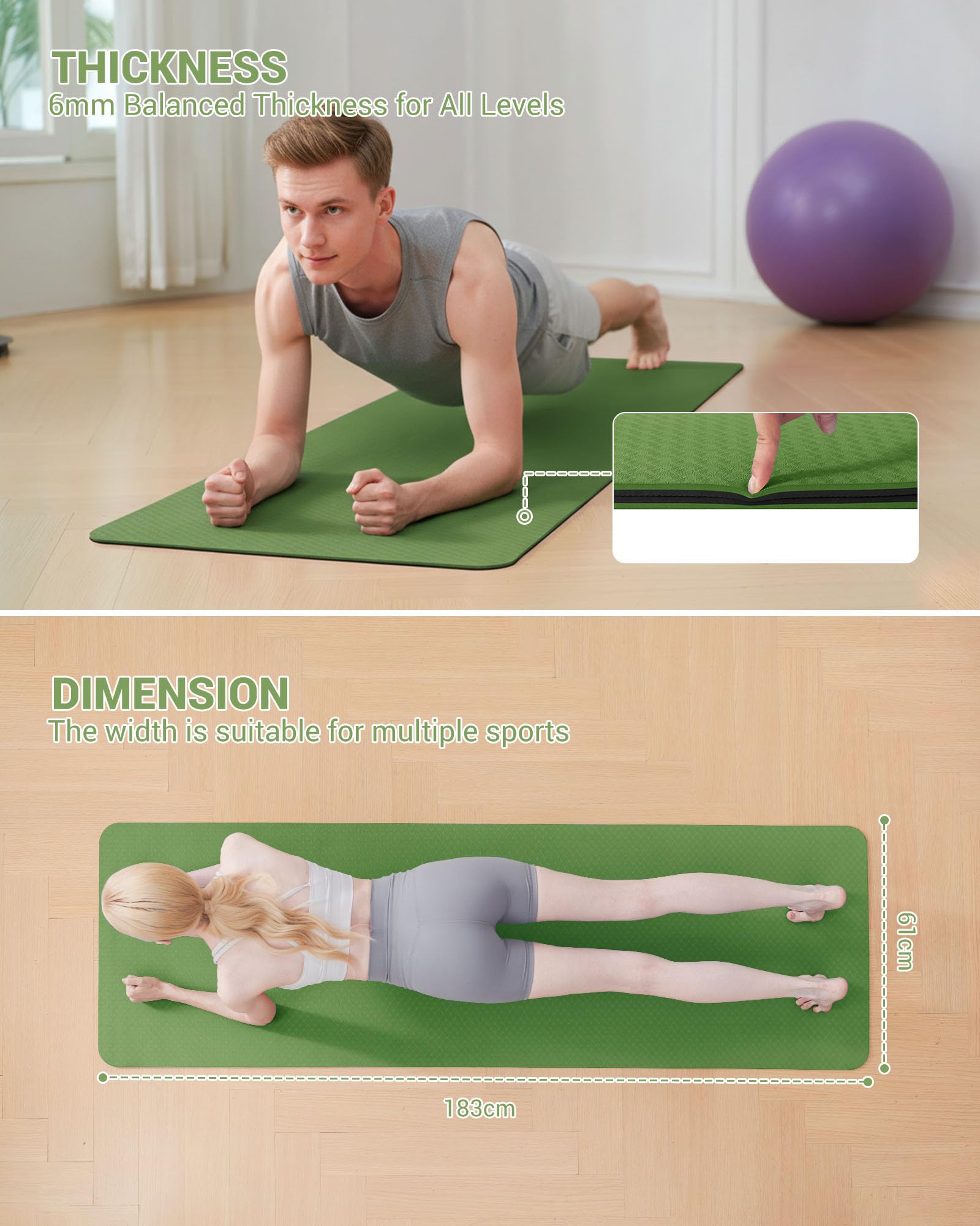 Good Nite Tappetino da ginnastica, yoga, fitness, antiscivolo, per allenamento, sport, turn, pilates, con tracolla, 183 x 61 x 0,6 cm