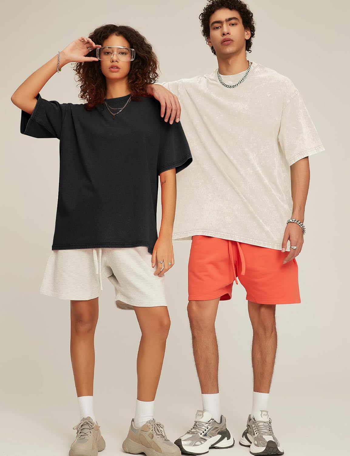 Flygo 3 Pack Men Oversized T Shirts Acid Washed Unisex Tee Loose Fit Short Sleeve Casual Streetwear Baggy Basic Tops(Black+Beige+Rose M) - Image 3