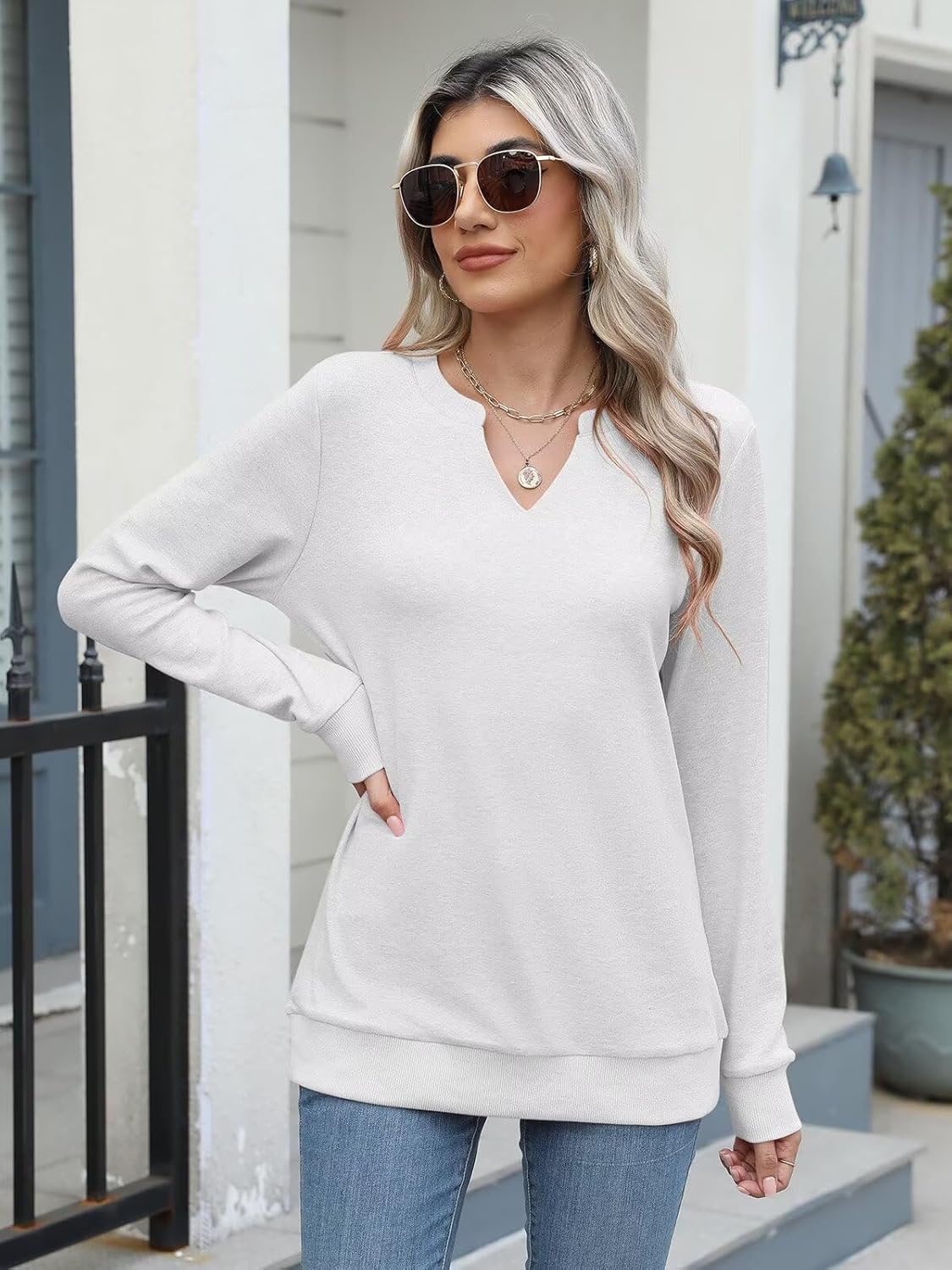 EADINVE Womens Casual Long Sleeve V Neck Sweatshirts Cute Loose Fit Lightweight Pullover Fall Clothes Tunic Tops - Image 2