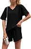 QIXING Womens 2 Piece Tracksuit Set Waffle Knit Short Sleeve Set Off Shoulder Sweatsuit with Pocket 2 Piece Pajama Set Black-L, Large