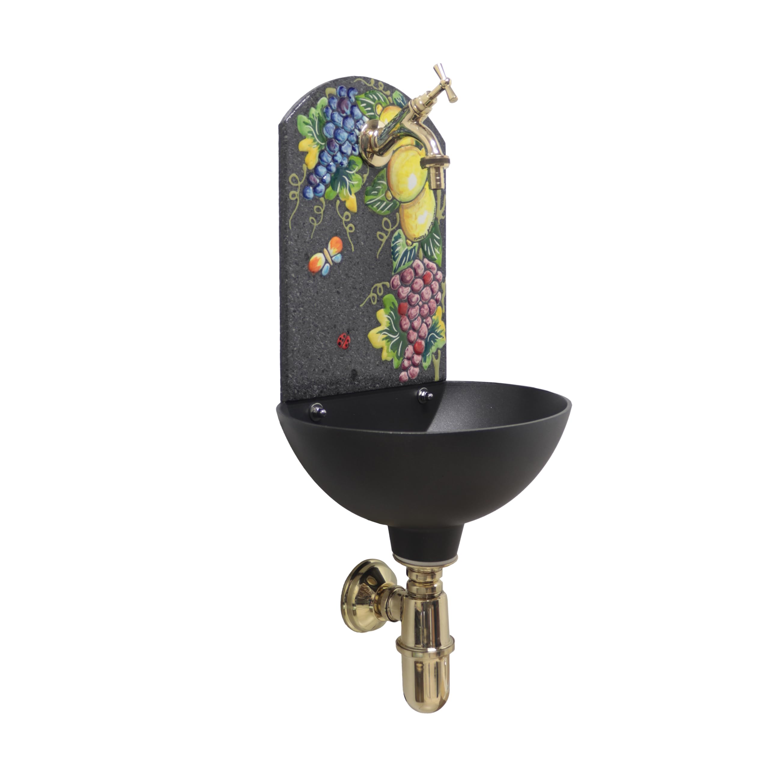 Fontana da parete Petra con frontale in pietra lavica dipinta a mano, decoro uva e limoni, vasca in alluminio, completa di rubinetto e sifone (Ottone lucido)