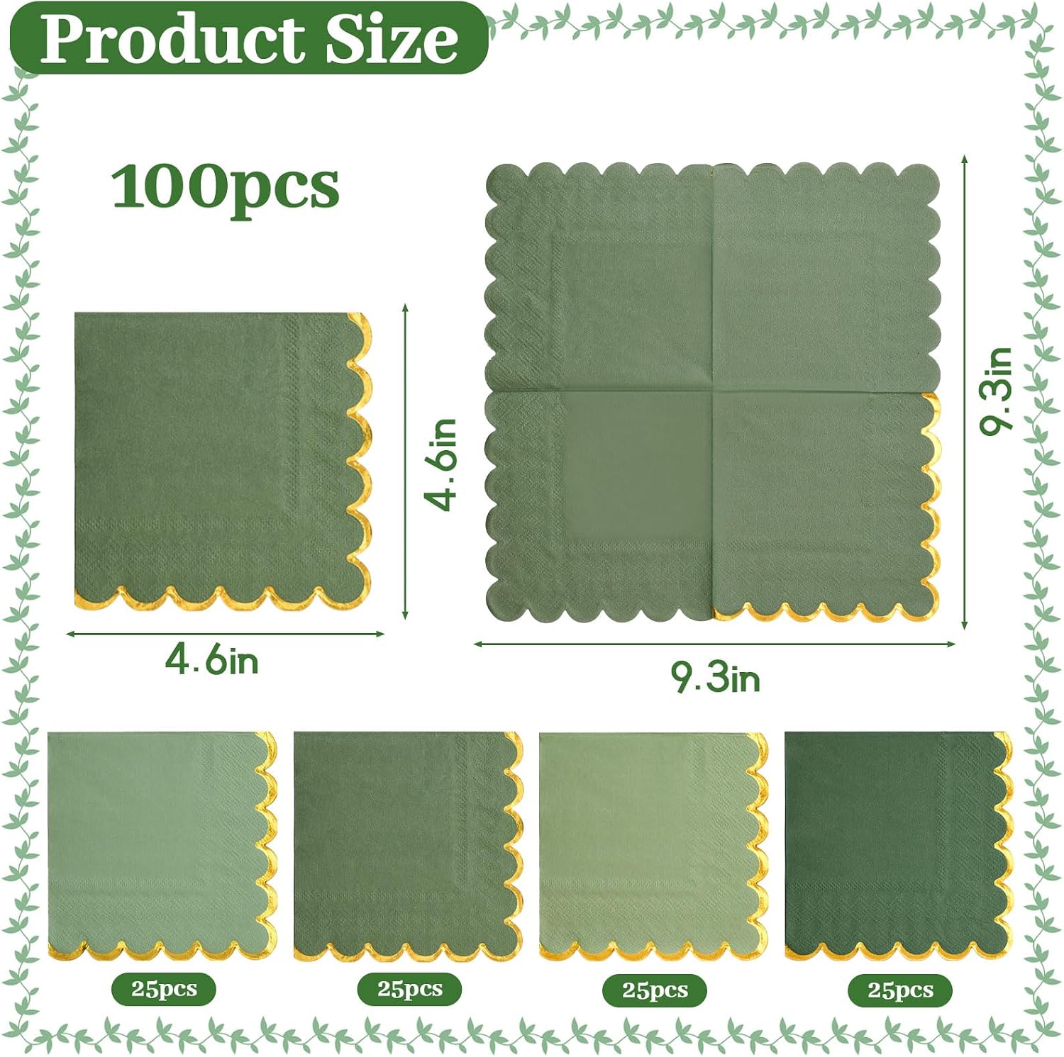 100 pack Green Cocktail Napkins with Gold Foil Scalloped Edges 5 x 5 inch