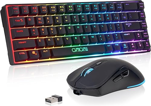 CHONCHOW Combo de teclado y mouse inalámbricos 60 % para juegos, retroiluminación RGB recargable con luz LED, mouse y teclado inalámbricos para