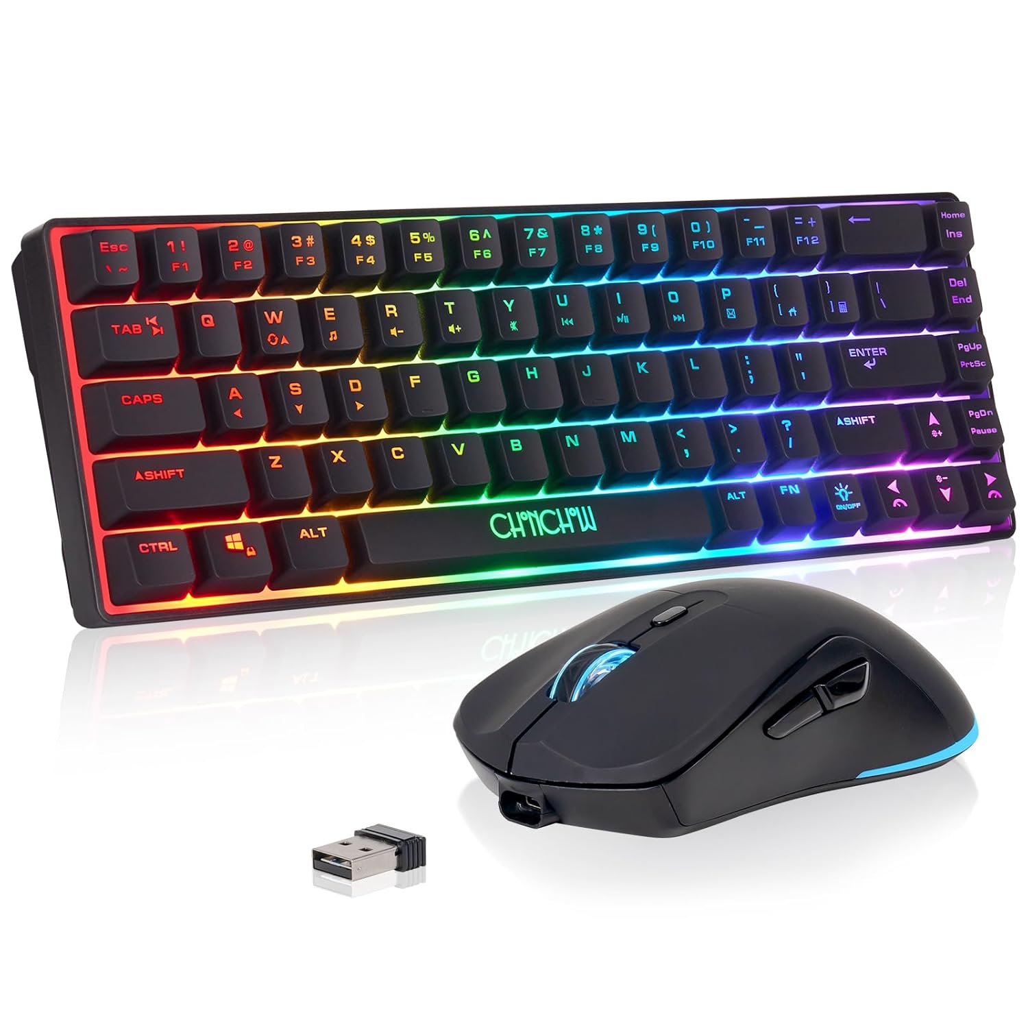 CHONCHOW 60 Wireless Gaming Keyboard and Mouse Combo RGB Backlit Rechargeable LED Light Up Keyboards Wireless Gaming Mouse