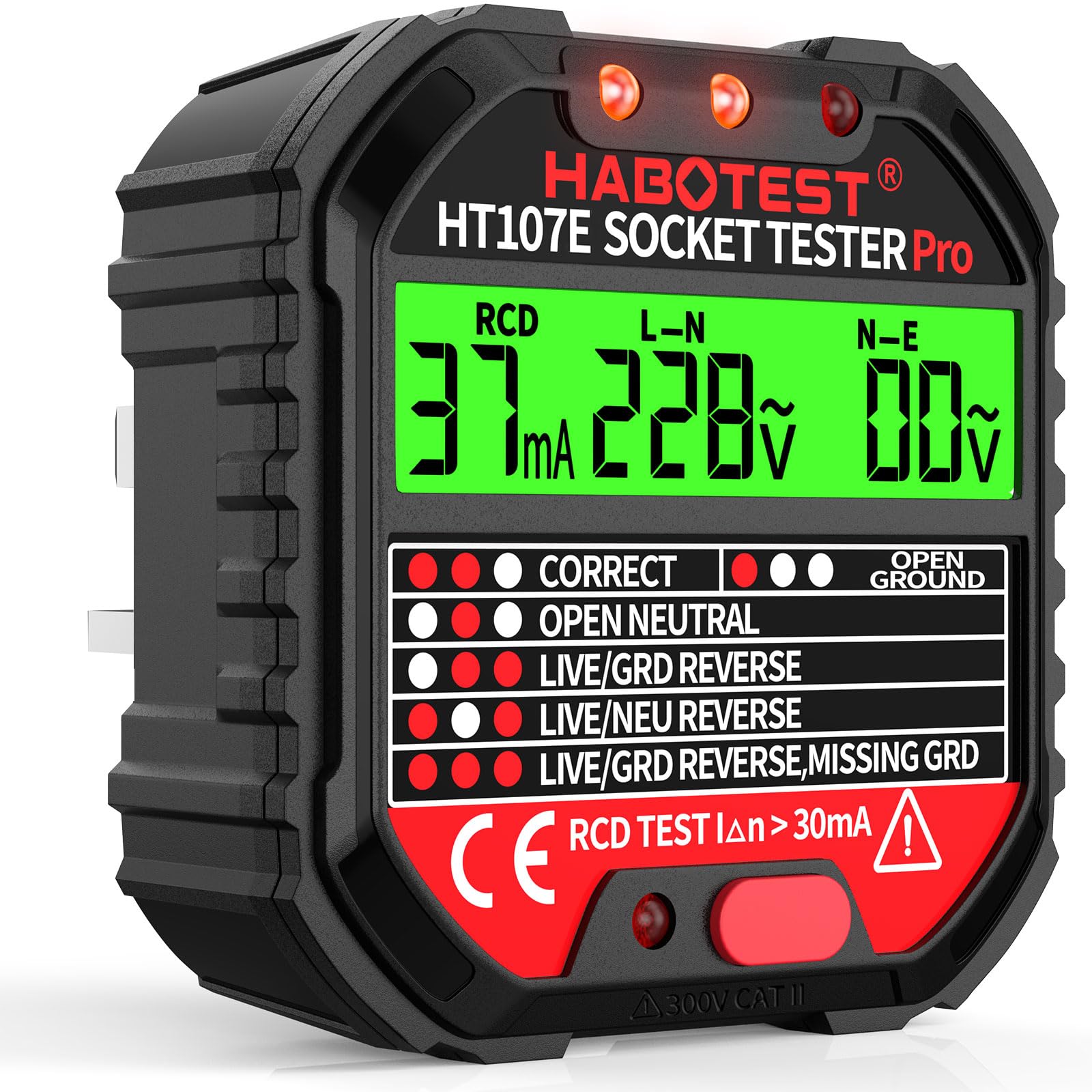 Socket Tester RCD Plug Outlet Tester UK, Electrical Receptacle Detector with LCD Display, 90-250V Power Socket Automatic Electric Circuit Polarity Breaker Finder (HT107E)