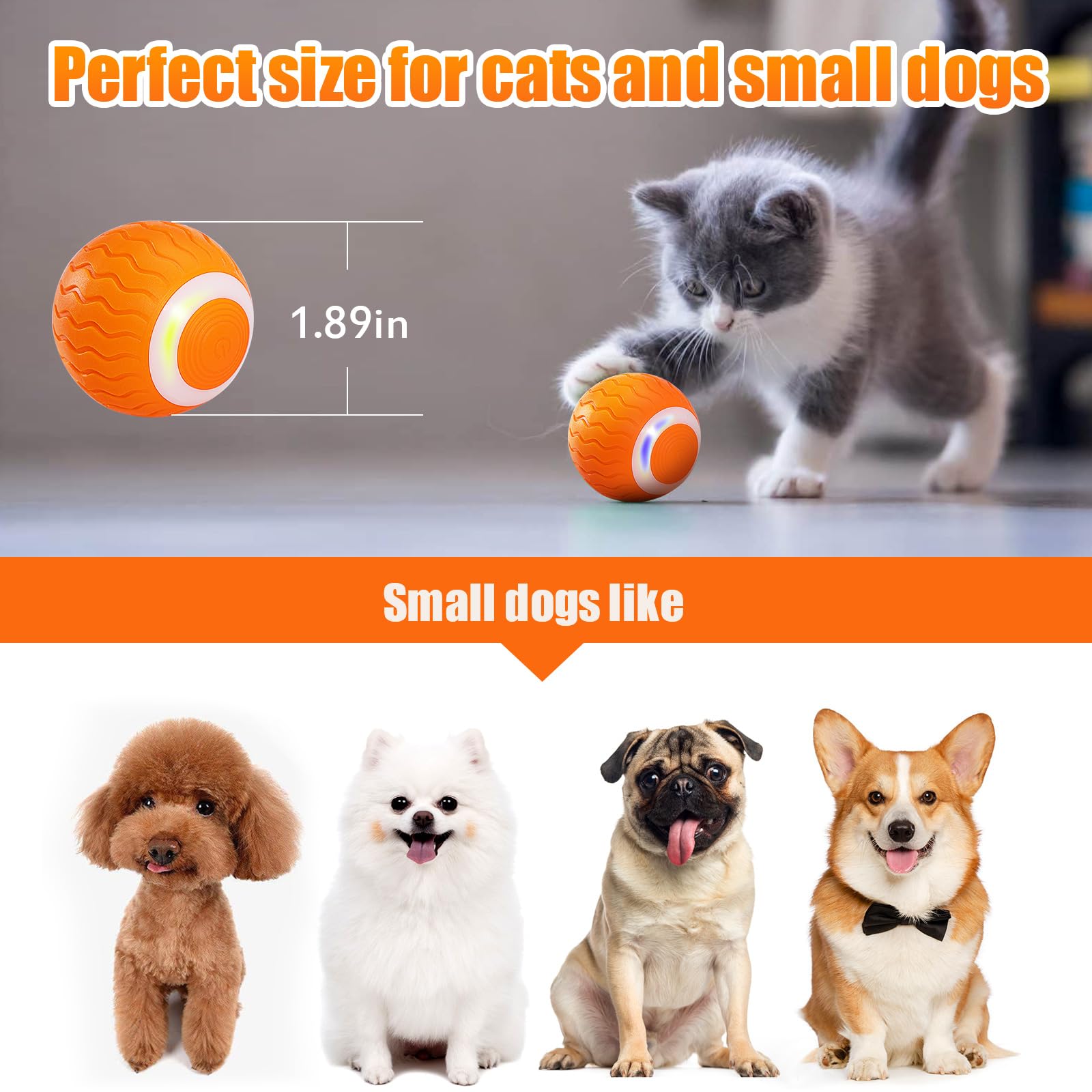 ICYAIR Interactive Cat Toy Balls, Automatic Smart Moving Cat Toy Self Play for Indoor Cats, Rechargeable Power Rolling Ball with LED Light for Kitten Kitty to Excercise Chase (Orange) 4