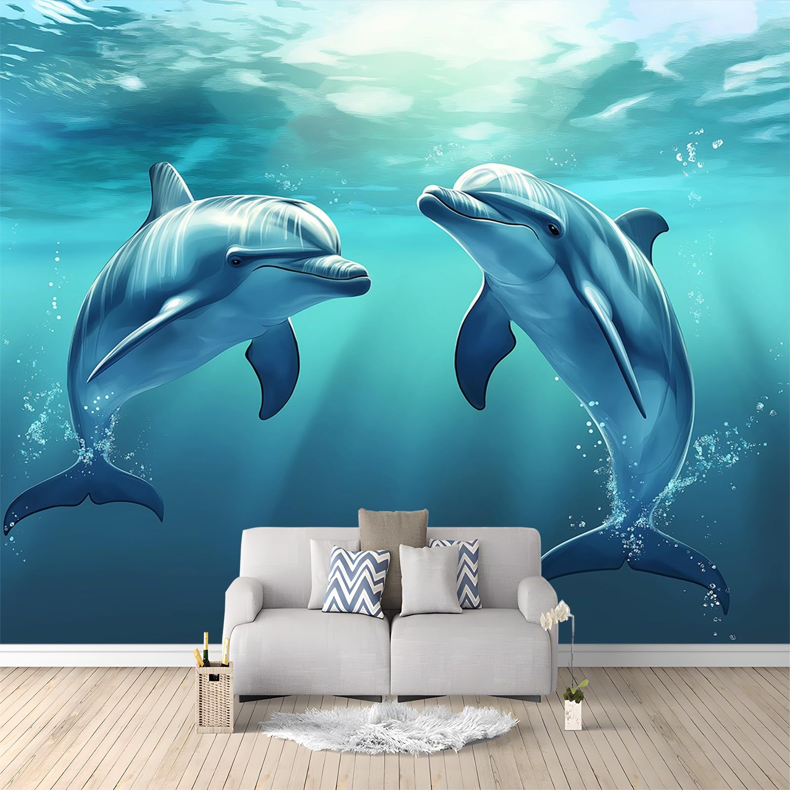 Fotomural de delfines marina 250x175 cm no tejido lavable para tapar grietas