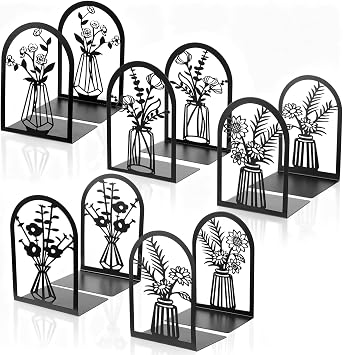 Kifmurase 5 Pair Metal Book Ends, Modern Decorative Flower Shelves Bookends, Black Book Stopper for Heavy Books, Novety Floral Books Shelf Holder Ends for Home Office School, 6.64.73.6 inch