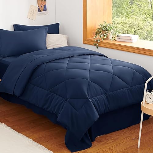 CozyLux Twin Comforter Set with Sheets Navy Blue - 5 Pieces Bed in a Bag Twin, All Season Bed Set for Girls and Boys, Bedding Set with Down Alternative Comforter, Sheets, Pillowcase & Sham