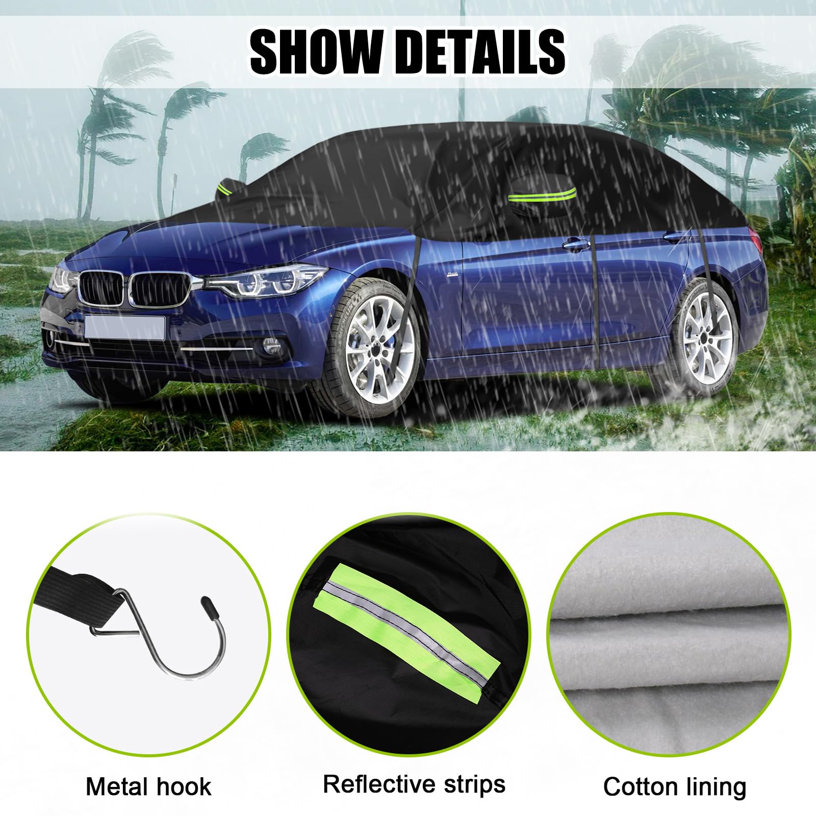 Universelle Halbgarage für Autos 323 * 150 * 49cm, Autoabdeckung Wasserdicht Ersatz für BMW 3 Series, Ersatz für Porsche 911, Autoplane Halbabdeckung für Allwetter, UV-Beständige Vollgarage Regen