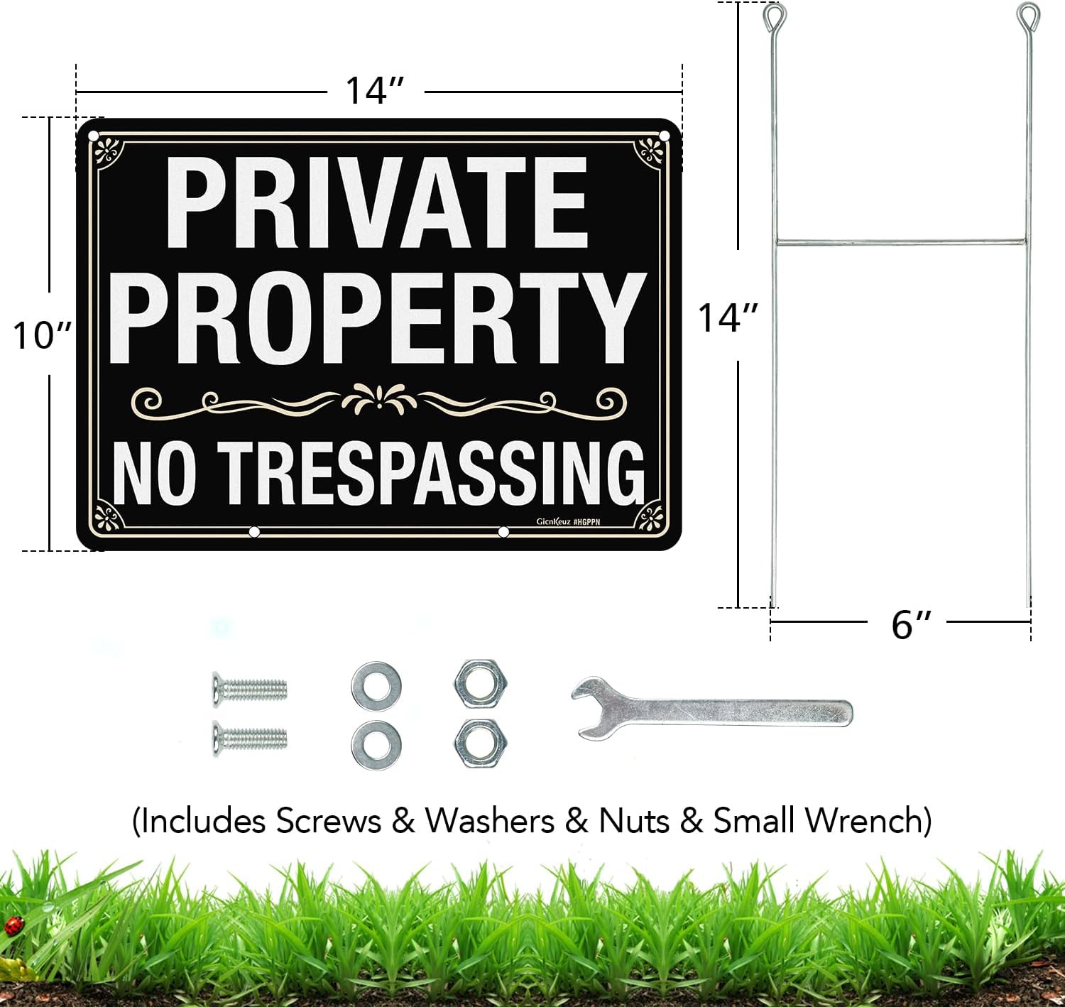 GicnKeuz Large No Trespassing Signs Private Property Sign with H-stakes, 14"×10" Aluminum Sign, Including Screws, Fade Resistant/Waterproof, Easy to Install, Outdoor Use (2 Pack)