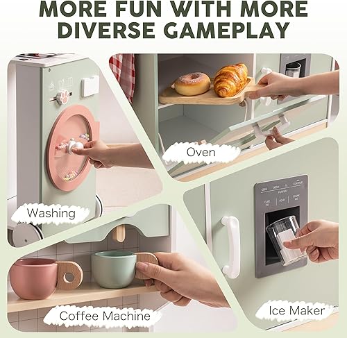 Miniatura 3 de ROBUD - Juego de cocina de madera, cocina de simulación con parrilla de barbacoa, máquina de hielo, máquina de café y accesorios, con luces y