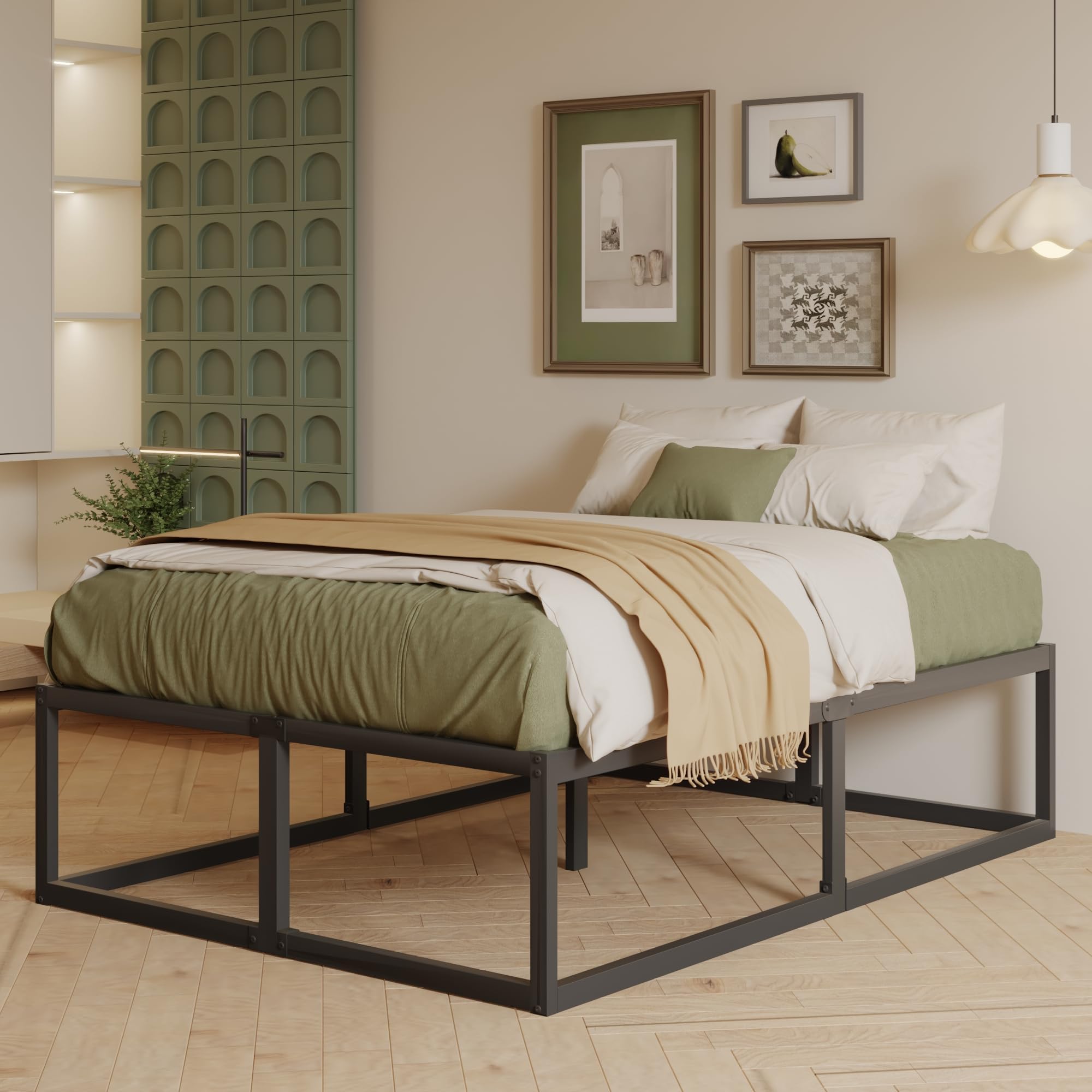 EMODA 46 cm High King Size Bed Frame 150x200 cm, Heavy Duty Metal King Bed Frame with Sturdy Slats Support, Large Underbed Storage, Noise Free, Easy Assembly, Black