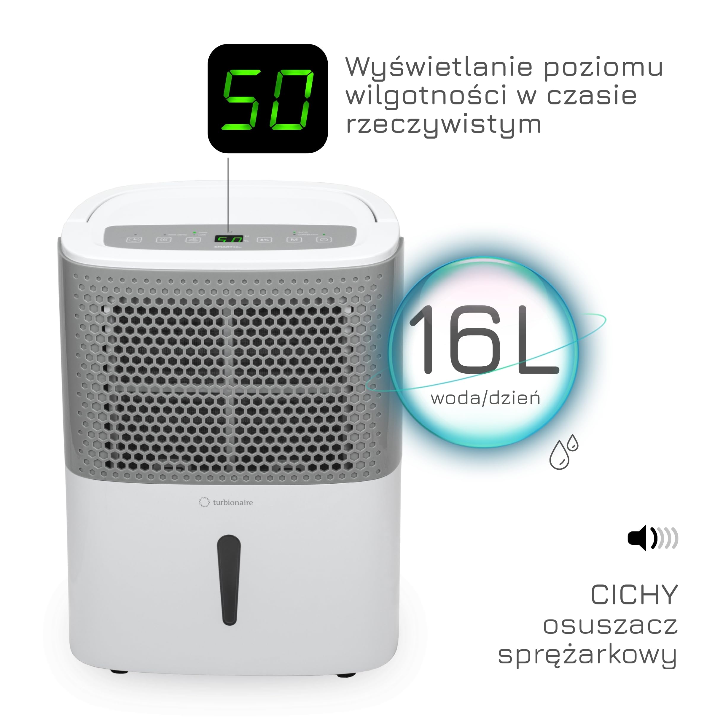 Turbionaire Smart 16M Przenośny osuszacz, 16L / 24h, 120 m³ / h, Cichy 40 dB, max 250 Watt, do pomieszczeń do 65 mc, Filtr przeciwpyłowy, Wbudowany higrostat