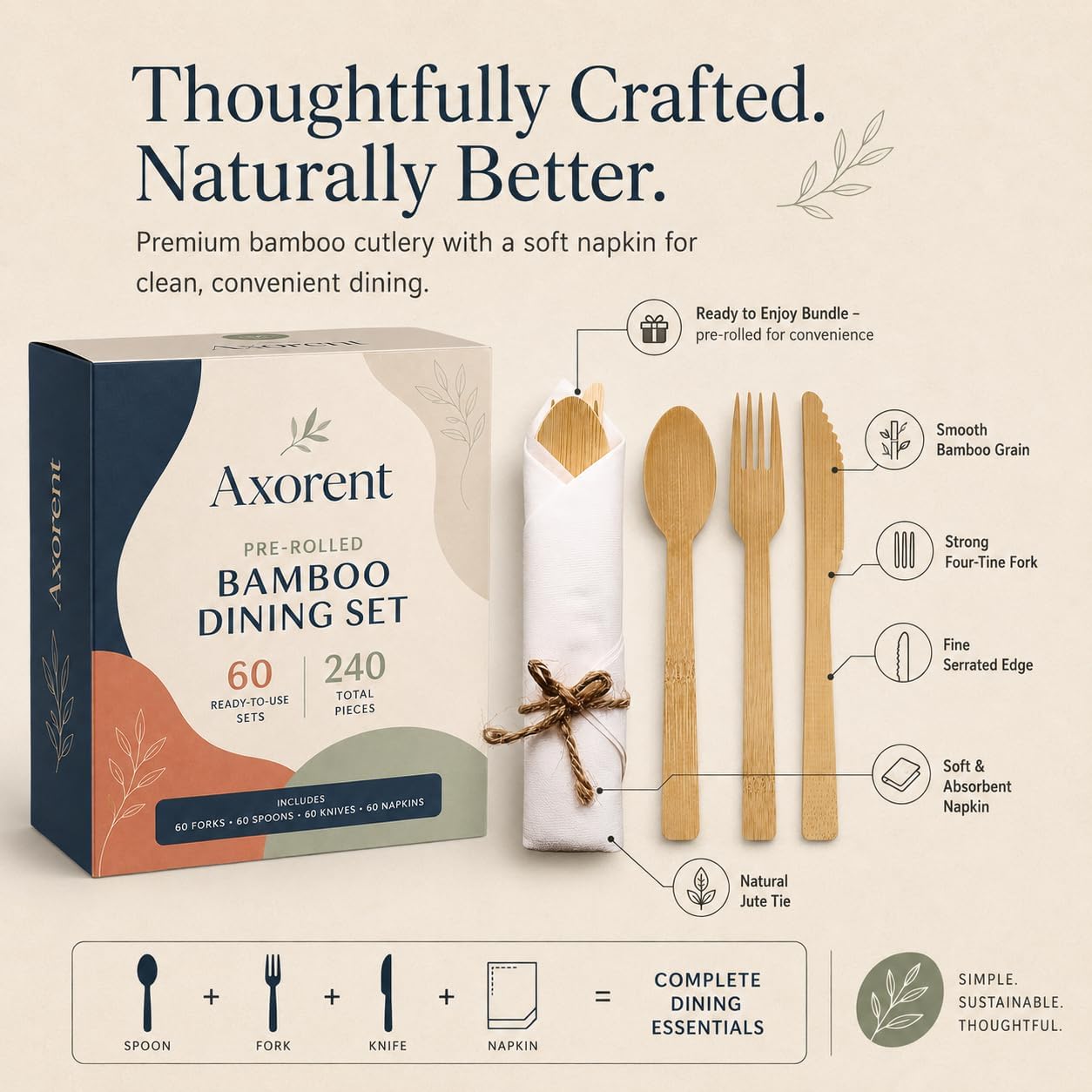 Pre-Rolled Wooden Compostable Cutlery Set | 60 Sets (240 pcs) Fork Knife Spoon