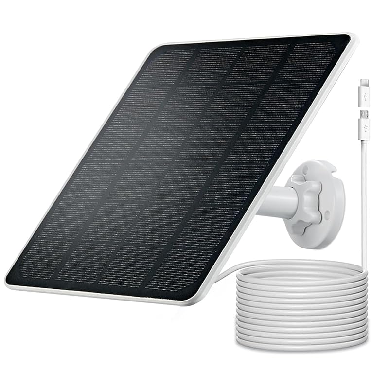Carregador Solar de 5 W para Câmera de Segurança Mytions, USB-C e Micro USB, Cabo de 3 m e Suporte 360°