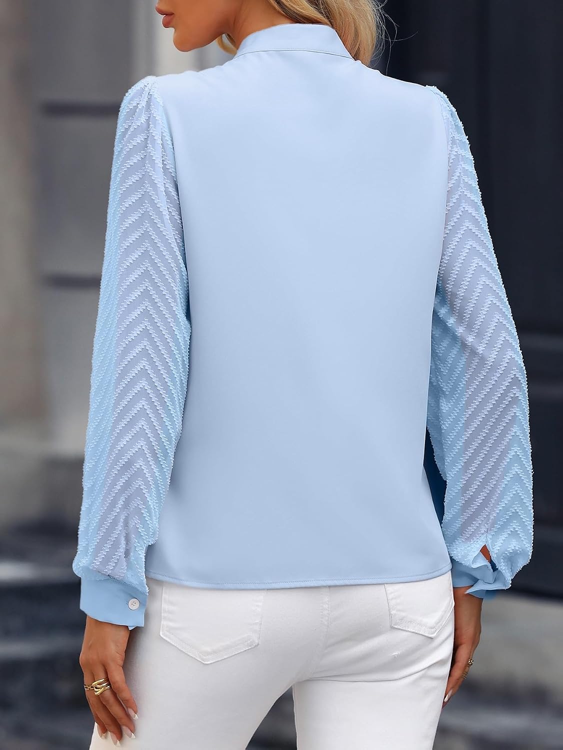 Women's Classic-Fit Shirt Notched Neckline Mesh Lantern Sleeve Blouse
