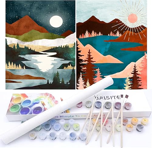 Miniatura 160 de Baisite 1112 Pintura por números, para adulto, principiante, niño, 12 pulgadas de ancho x 16 pulgadas de largo, 2 lienzos, 8 pinceles de madera