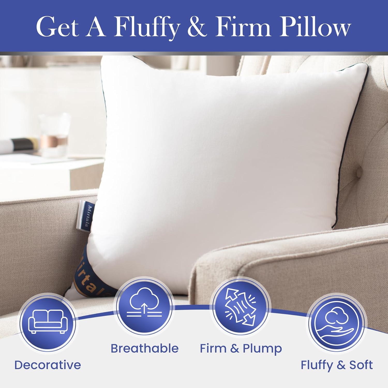 Mirtala 20"x20" Pillow Inserts Set of 2 with 100% Cotton Cover Decorative Square Throw 20" Pillows Living Room, Sofa, Couch, and Bed-White