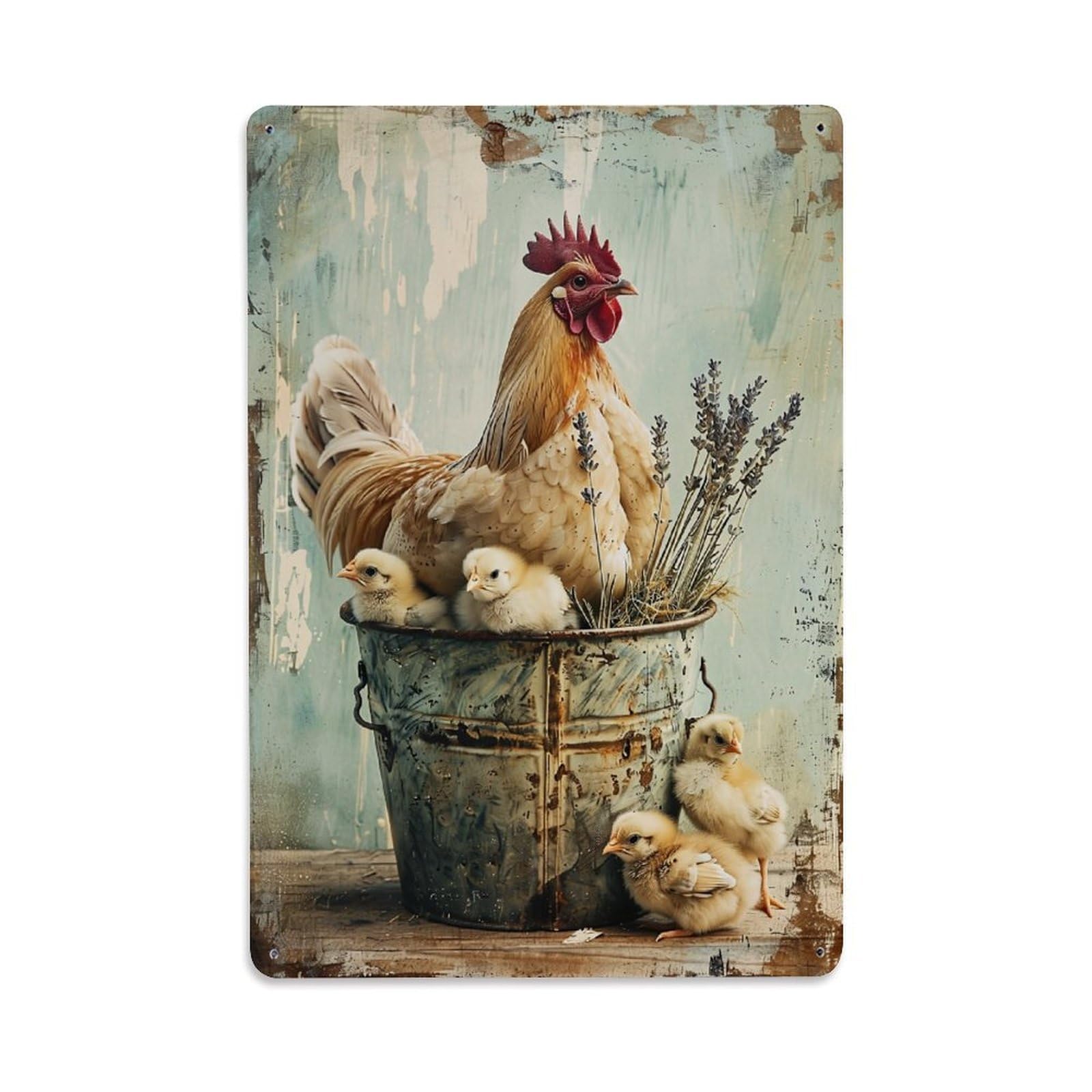 Jdfenggu Vintage Hen And Chicks In Bucket Retro Metal Tin Sign, Metal Poster For Bar, Home, Man Cave, Kitchen, Laundry Room Art Decor 8X12 Inch