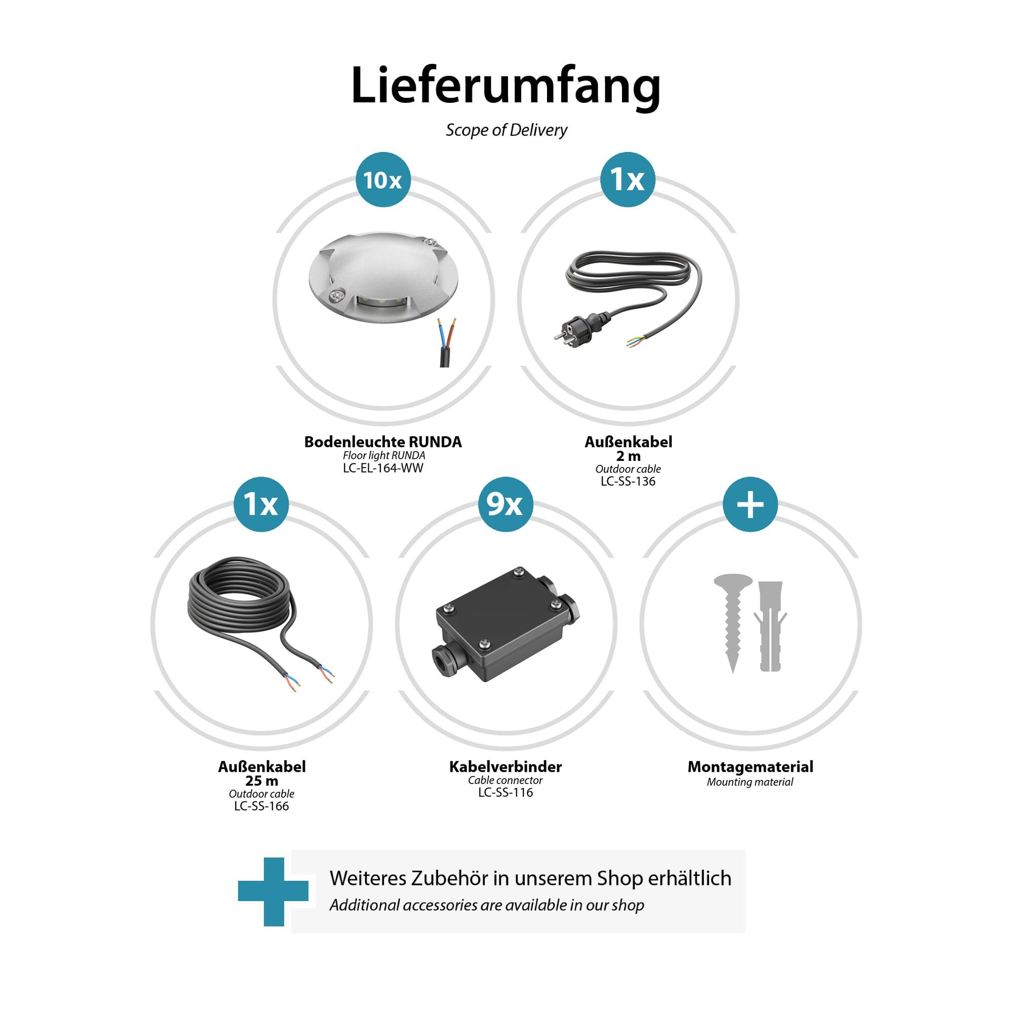 ledscom.de Lampada da pavimento a LED RUNDA per esterni, IP67, a 4 luci, in alluminio, rotonda, 70 mm Ø, bianco caldo, set di 10