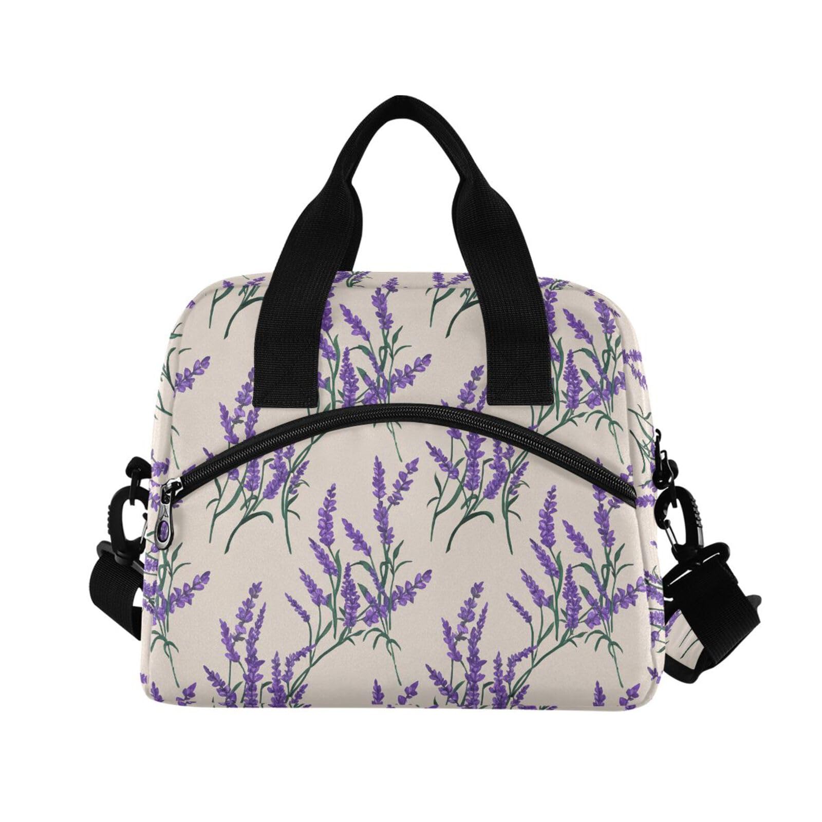 Sinestour Insulated Lunch Bag Reusable Cooler Lavender Flower Beige Lunch Box Adjustable Shoulder Strap for School Office Picnic