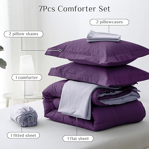 Miniatura 5 de JOLLYVOGUE Juego de edredón tamaño Queen, cama ultrasuave en una bolsa, tamaño Queen de 7 piezas, juego de cama certificado Oeko-TEX con edredón