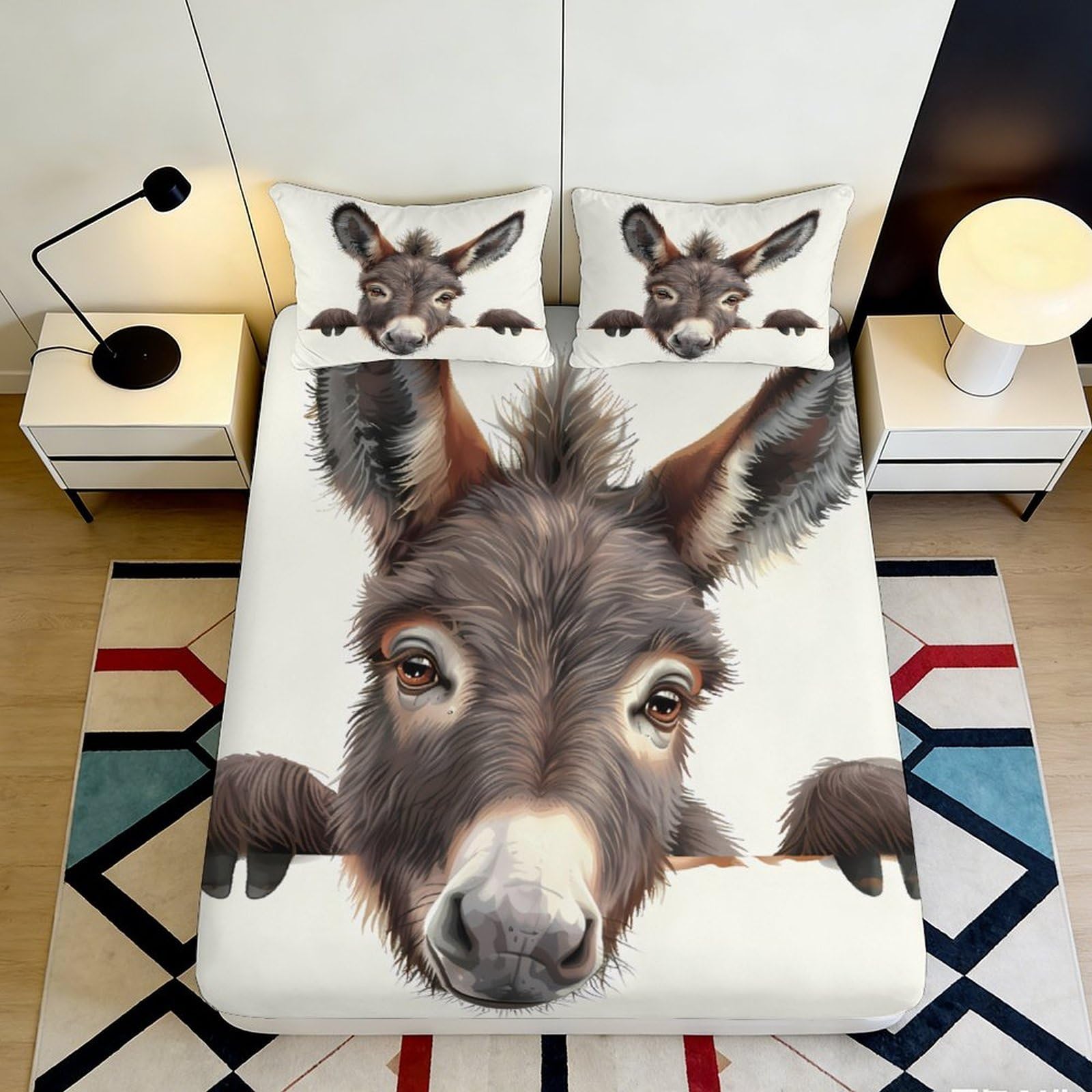 3D Printed Donkey Animal Fitted Sheet Microfiber Soft Breathable Cartoon Farm Mattress Cover for Bedroom Guest Room Decor 90x200x25cm