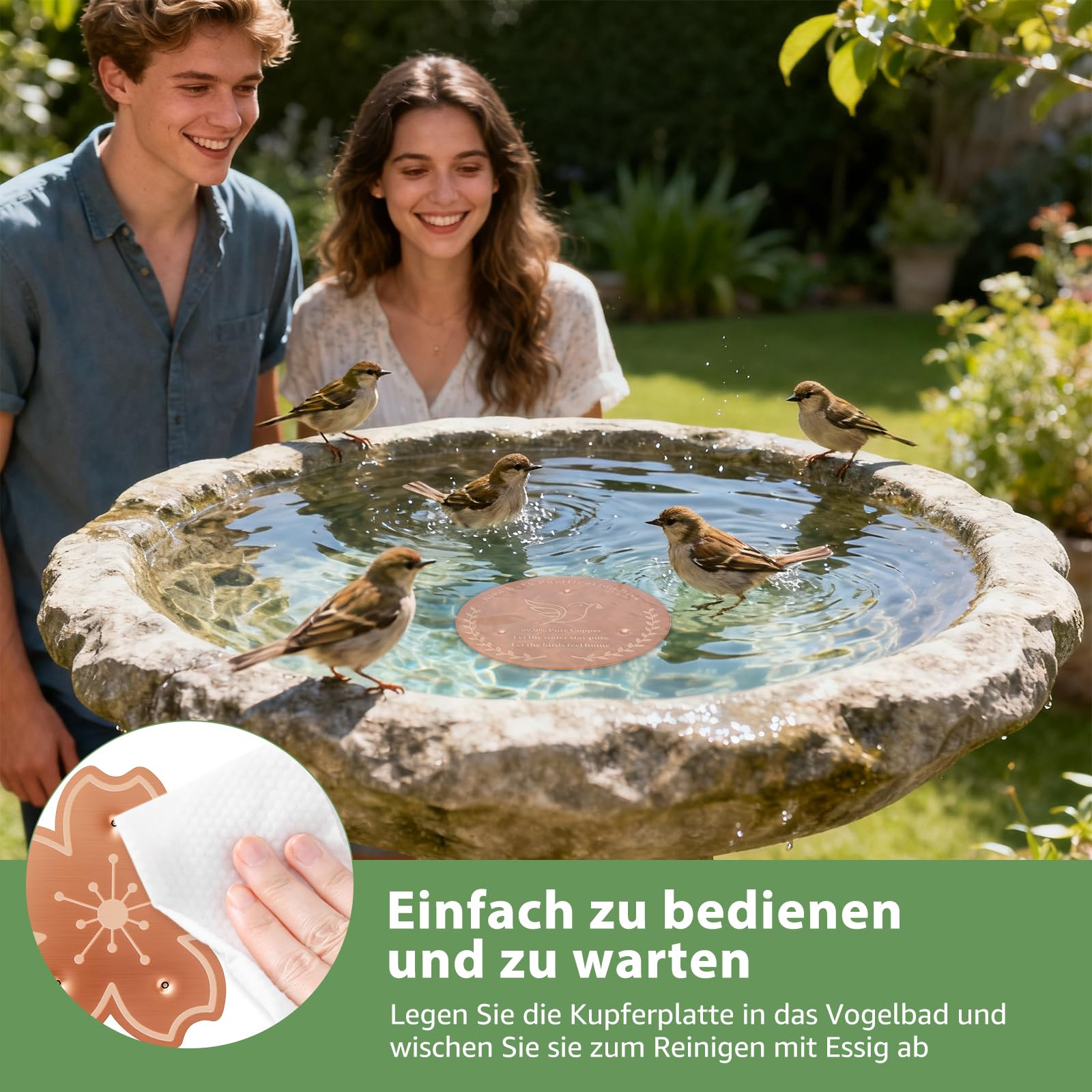 3 Stück Vogeltränke Kupferscheiben, 99,9% Reinkupfer gegen Algen, Sauberes Wasser, Vogeltränken Reiniger Kupferplatte für Vogelbad Brunnen Gartenteiche Landschaftsteiche