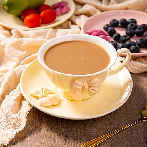 Miniatura 9 de ICHAG Juego de tazas de té (8.4 onzas), tazas de té y platillos juego de 6, tazas de té de porcelana fina, juego de tazas de café, para té, expreso,