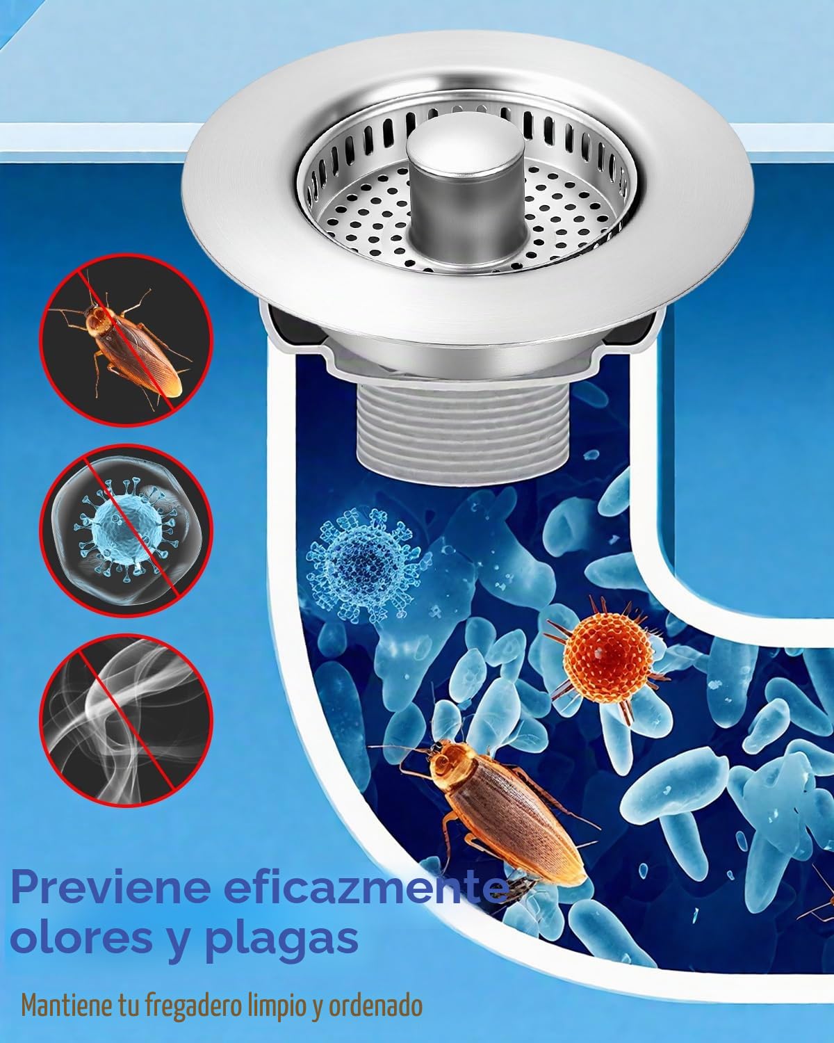 3 en 1 Colador de Fregadero de Cocina, Tapon Fregadero Cocina para Profundidad > 37 mm y Orificio de 75 – 87 mm, Filtro Fregader Cocinas Acero Inoxidable 304, Tapón de Desagüe con Colador