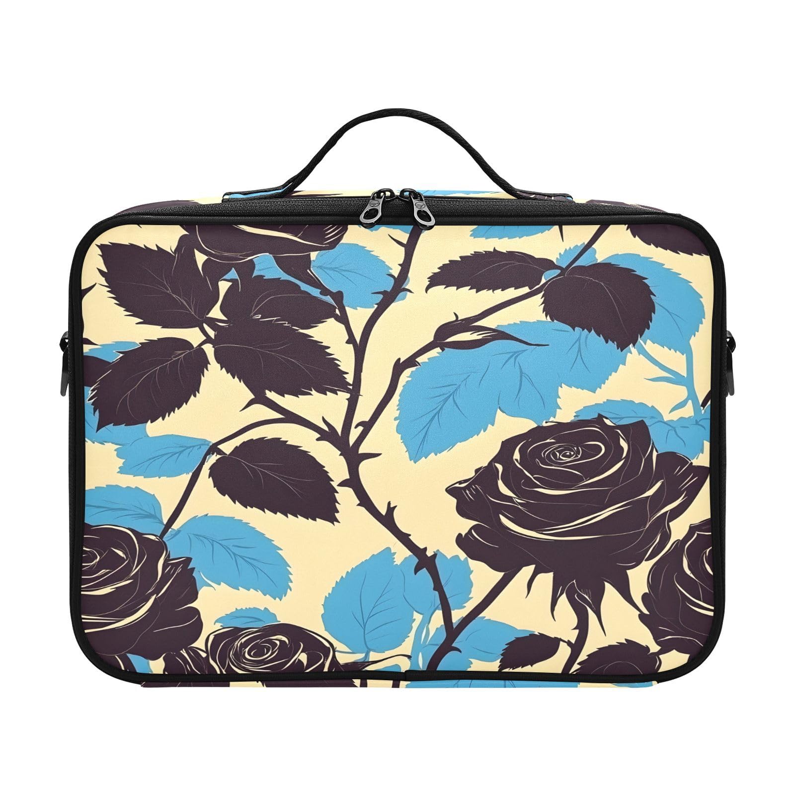 Travel Makeup Train Case Black Flower Blue Leaves Pattern Cosmetic Organizer Portable Storage Bag with Adjustable Dividers for Cosmetics Brushes Toiletry Jewelry Digital Accessories