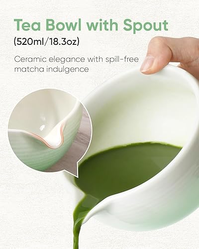 Miniatura 3 de Juego de batidor de matcha, kit de matcha degradado, cuenco de cerámica con boquilla (18 onzas), batidor de bambú, tamiz inoxidable, soporte para