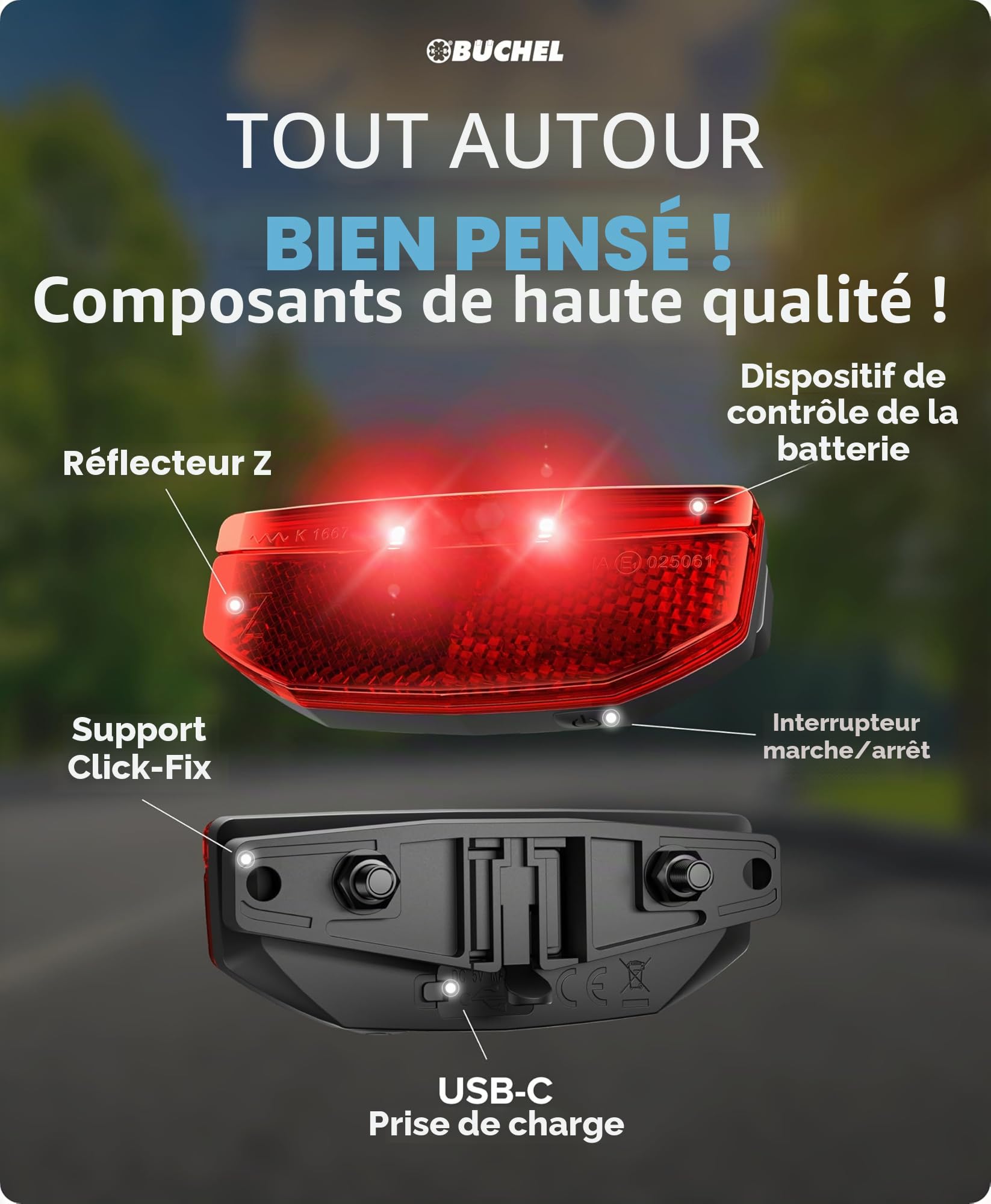 Büchel Feu arrière LED pour porte-bagages – USB-C rechargeable, approuvé StVZO, étanche IPX5, noir