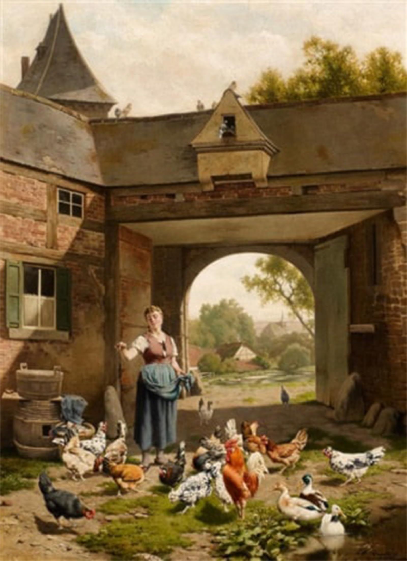 ARTXLXXBN Famous Art Print Poster Vintage Wall Art Maid with Chickens by Eduard Quitton Canvas Art Poster for Home Decor 60x90cm