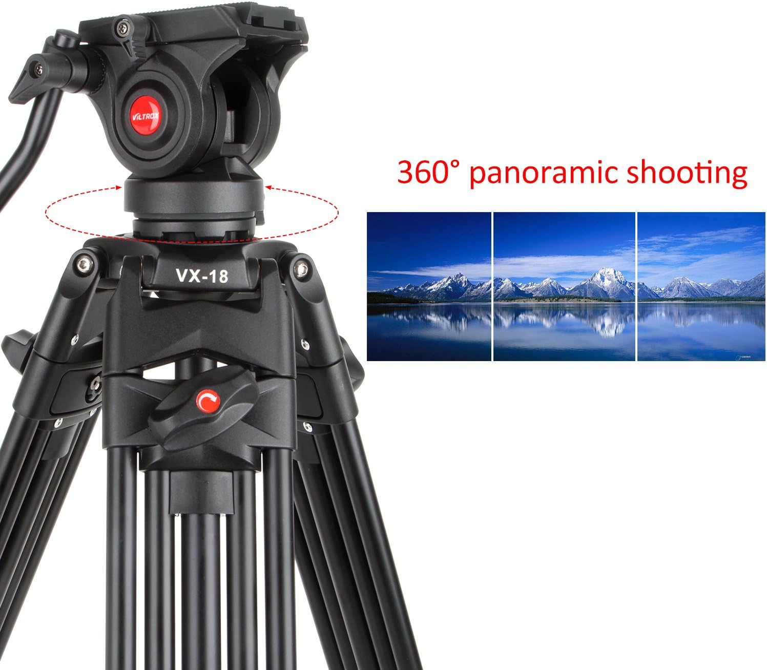 VILTROX VX-18M tripod head showing 360-degree panoramic shooting capability with example panoramic images.