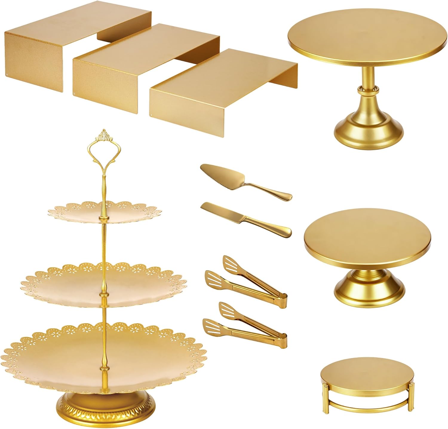 11 Pcs Gold Dessert Table Display Set, Metal Cake Stands and Tiered Serving Tray with Cake Servers and Tongs for Wedding Anniversary and Party Decor